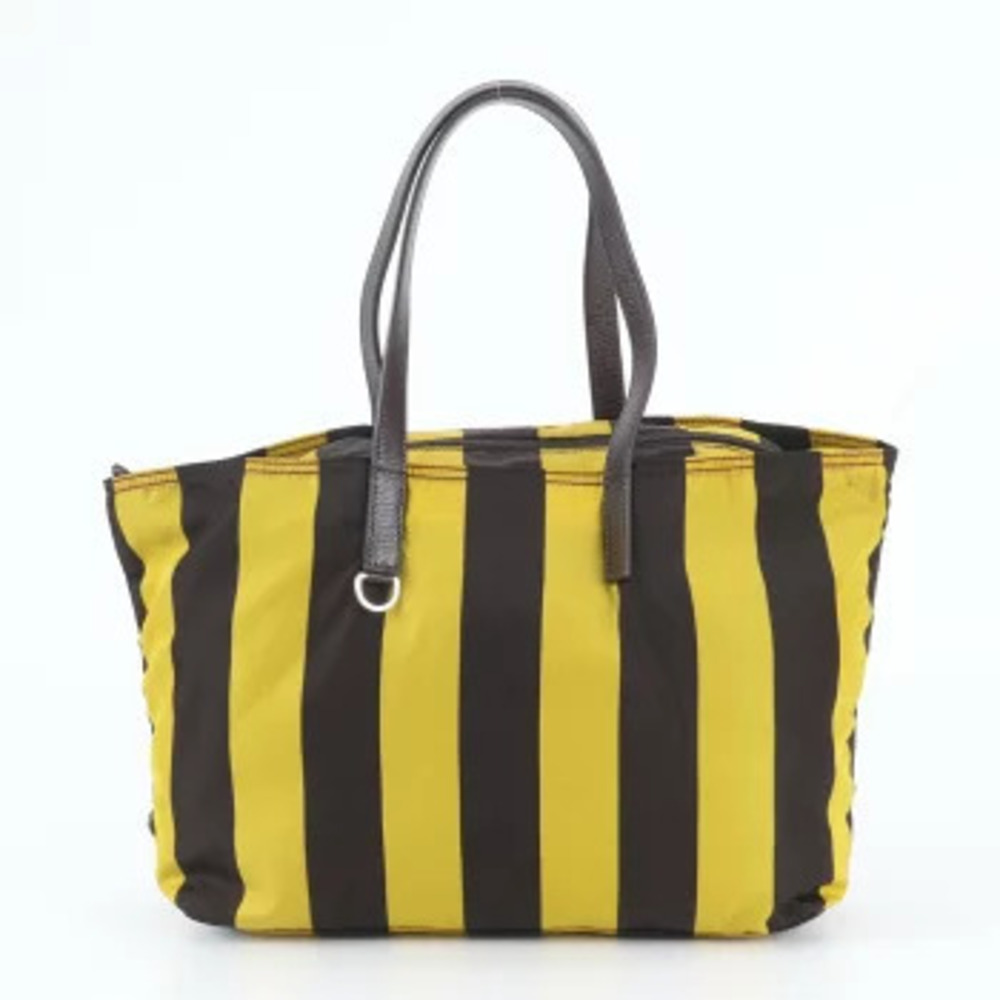 Prada Tessuto Stripe Triangle Leather Shoulder Tote Bag Yellow Brown